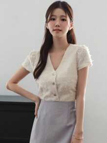 DAZY Plain Fitted Short Sleeve V-Neck Elegant Summer Ladies Blouse - Apricot - View 5