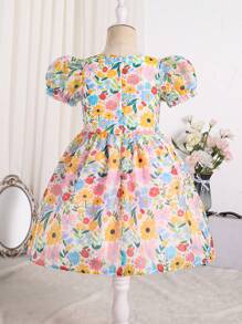 SHEIN Glamorique Kids 女童夏季花卉欧根纱V领公主裙 - 彩色 - 查看 2