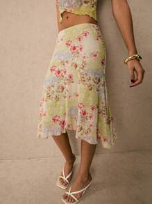 Poéselle 女士节日花卉印花不对称下摆时尚半身裙 - 綠色 - 查看 7