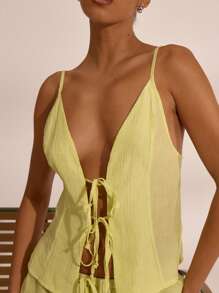 MUSERA Woven Spaghetti Strap Strappy Front Tie Top Spring Vacation Boho Ibiza Elegant Beach Cute Beach House Elegant Festival Carnival Summer - Green - View 4