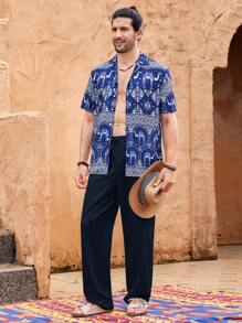 Manfinity VCAY 男士基本款夏季度假轻便宽松亚麻沙滩裤 - 藏蓝色 - 查看 3