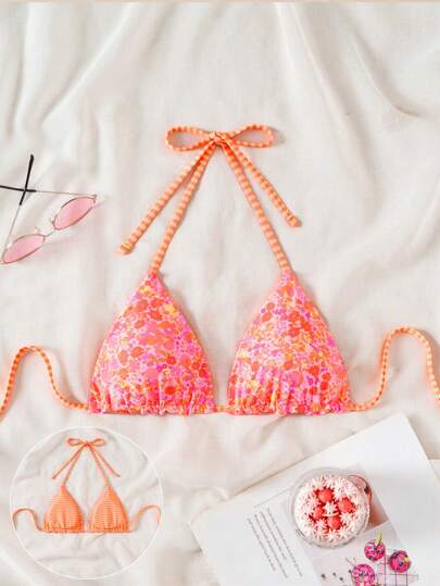 Swim Mod 1 Pc Women's Cute Ditsy Floral Spaghetti Strap Backless Bikini Top For Summer Beach Vacation