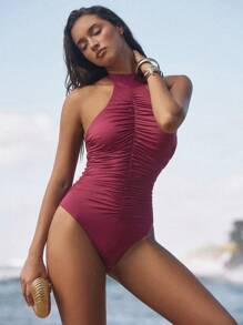 Anewsta Spring/Summer 1pc Sophisticated Elegant Mature High-End Ruched Halter Top - Purple - View 1