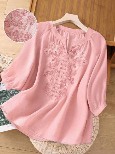 SHEIN LUNE Plus Size Women Embroidered Blouse, Elegant Boho-Chic Casual Style