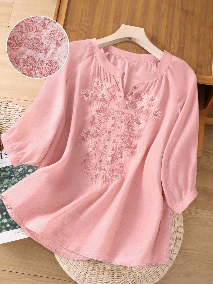 Linhara CURVE Áo cánh thêu cỡ lớn cho nữ, phong cách thường ngày Boho-Chic thanh lịch - Hồng - Xem 1