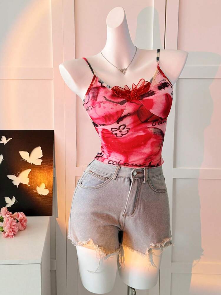 Summer Sexy Fitted All-Over Vintage Oil Painting Hollow-Out Lace Bow Print Sleeveless Camisole Top For Ladies