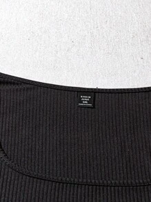 SHEIN Tall 2件套加大码女式纯色船领长袖紧身衣和碎花裙 - 黑色 - 查看 6