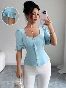 Elenzga Vestido curto feminino com decote em coração, abotoamento simples, bainha decorativa e plissado - Azul - Ver 7