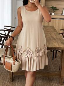 EMERY ROSE Plus Size Women 3D Flower Decor Round Neck Sleeveless Casual Dress - Apricot - View 1