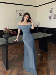 Modelyn Women's Illusion Off Shoulder Ruched Waist Dress, Elegant For Weddings And Dates - Blue - View 8