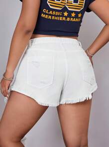 SHEIN ICON Plus Size Distressed Frayed Denim Shorts With No Stretch - White - View 2