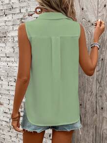 EMERY ROSE Solid Summer Casual Button-Front Sleeveless Shirt - Mint Green - View 2