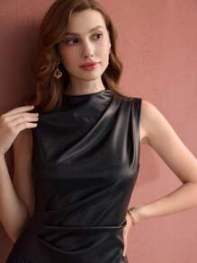 MOTF PREMIUM VESTIDO SIN MANGAS CON PLIEGUES EN CONTRASTE - Negro - Ver 2