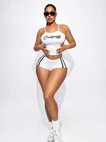 Sirith Side Stripe Print Fitted Elastic Waist Sexy Summer Shorts - White - View 6