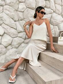 SHEIN Frenchy Women's Elegant Vacation Floral Sequins Loose V-Neck Spaghetti Straps Backless Bling Fashion Summer Cami Top, Beach Casual - Apricot - View 5