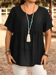 EMERY ROSE Plus Size Solid Color Round Neck Short Sleeve Casual Shirt, Summer Bohemian Clothes Suitable For Spring And Summer Boho Tops For Women Tiered Summer Top Women Summer Blouse Top - Black - View 1
