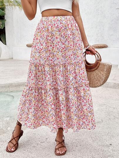 SHEIN PETITE Women's Ditsy Floral Skirt, Fashionable For Summer