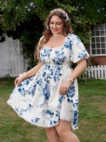 Flirla 大码钻石图案印花松紧腰拼布荷叶边下摆短袖连衣裙