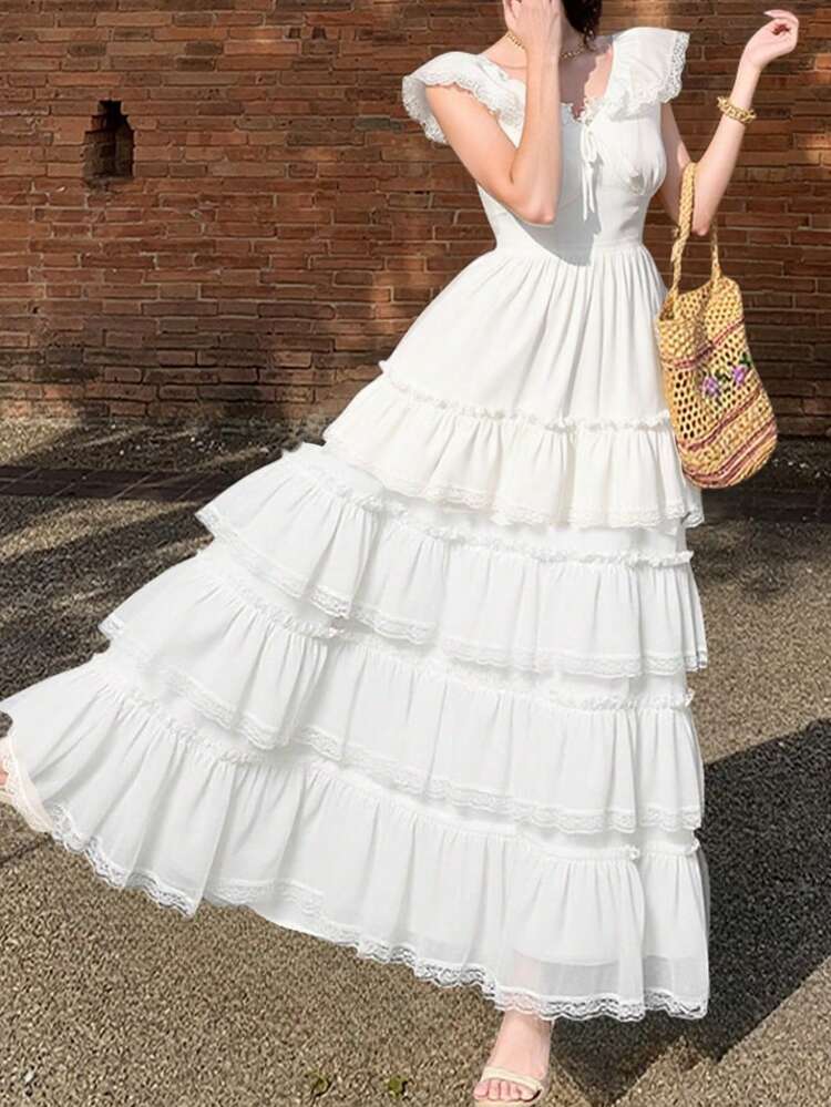 SHEIN X Hannahelzahed Women's Multi-Layered Lace Patchwork Maxi Beach Dress, Summer Graduation Dress Prom Dress