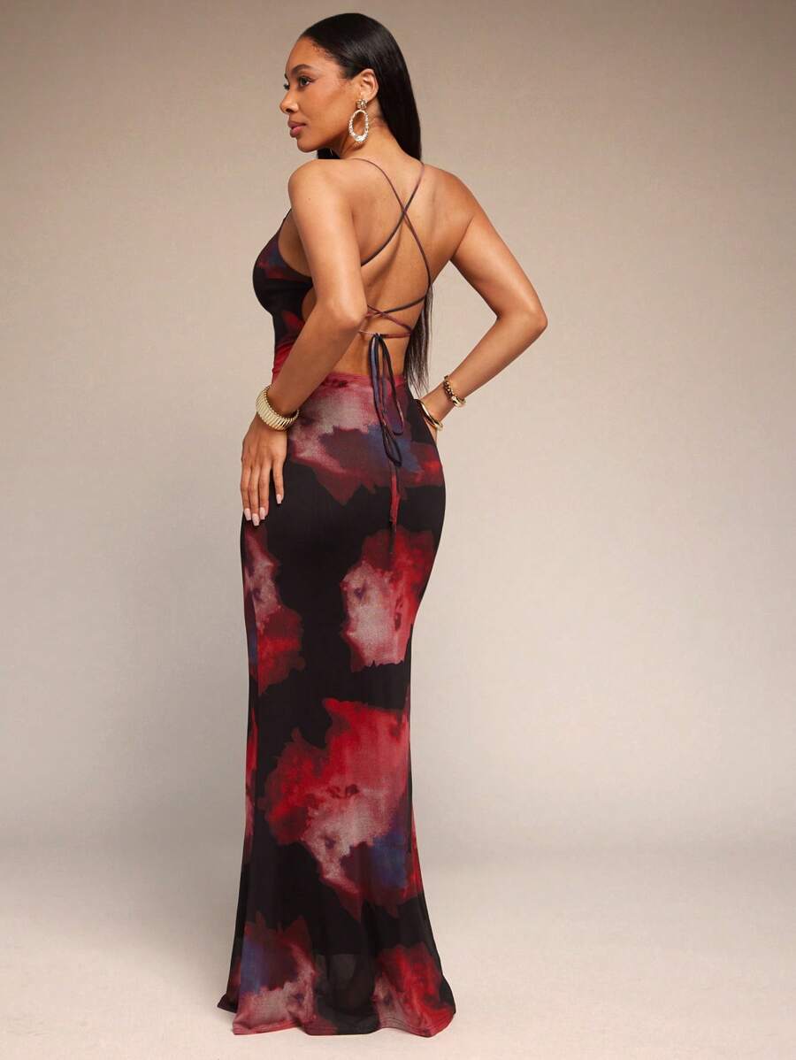 Vixey 大号花卉印花网眼露背系带长裙 - 彩色 - 查看 1