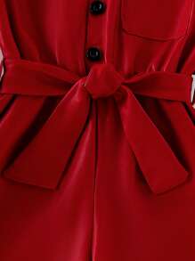 SHEIN 少女休闲短袖连体裤（配腰带） - 酒紅色 - 查看 7