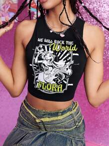 The Winx X SHEIN Top corto y ajustado con gráfico de figura y letra para mujer, casual de verano