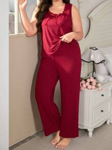 SHEIN Plus Size Solid Color Lace Trim Bow Decor Rib Knit Tank Top & Pants Pajama Set, Outfits - Burgundy - View 2