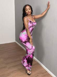 SHEIN SXY Vestido deslizante con estampado de teñido anudado, elegante, sexy y cómodo, para fiesta de graduación - Morado - Ver 3