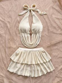 Soleia 女士两件套：V 领镂空露背短款背心和分层迷你裙，适合节日、约会、下午茶、度假、音乐节、海滩、夏季服装、波西米亚风 - 黃色 - 查看 4