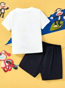 Paul Frank X SHEIN 2 buc/Set Tânăr Băiat Imprimat Desene Animat Alb Casual Drăguț Tricou cu mânecă scurtă și Pantaloni scurți negri, Set sport confortabil de vară