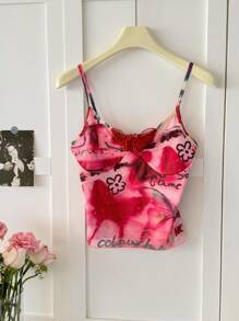 DAZY 夏季性感修身全身复古油画镂空蕾丝蝴蝶结印花无袖吊带背心女士上衣 - 紅色 - 查看 4