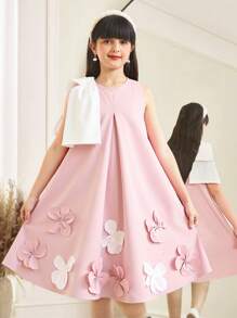 SHEIN Tween Girls' Loose Elegant Round Neck Sleeveless Floral Applique Bowknot Dress - Pink - View 1