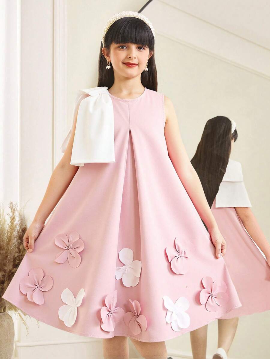 SHEIN Tween Girls' Loose Elegant Round Neck Sleeveless Floral Applique Bowknot Dress - Pink - View 1
