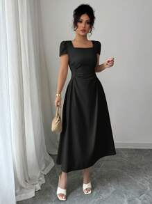 Elenzga Vestido midi elegante de mujer con manga abullonada, cuello redondo, cintura marcada y silueta estilizada, ideal para paseos, vacaciones y tardes de té, en primavera/verano