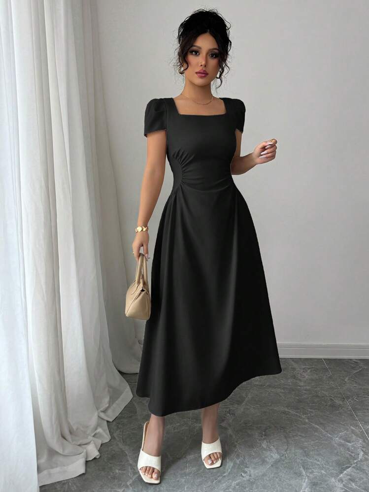 Elenzga Vestido midi elegante de mujer con manga abullonada, cuello redondo, cintura marcada y silueta estilizada, ideal para paseos, vacaciones y tardes de té, en primavera/verano - Negro - Añade 3