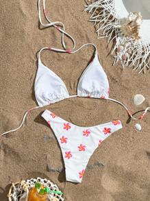 Swim Vcay 2 chiếc/bộ đồ bơi bikini tam giác hở lưng họa tiết hoa mới gợi cảm dành cho nữ, phong cách ngày lễ - Màu be - Xem 3