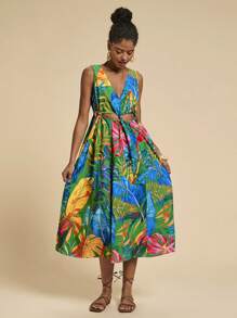Travachic 女士热带植物印花镂空腰部无袖中长连衣裙，节日 - 綠色 - 查看 1