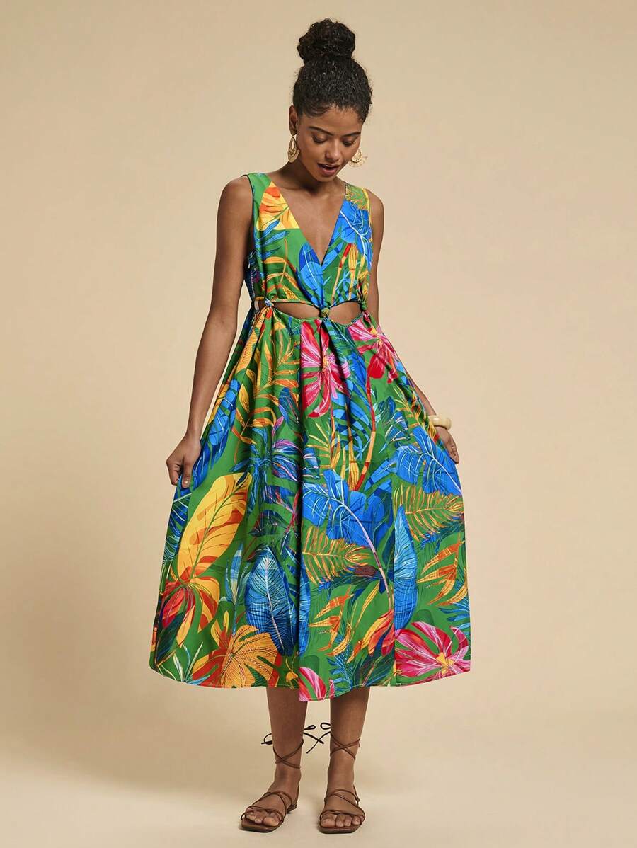 Travachic 女士热带植物印花镂空腰部无袖中长连衣裙，节日 - 綠色 - 查看 1