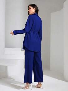 Graceveil Flap Pocket Drawstring Waist Shirt & Wide Leg Pants 2 Pieces Set Modest - Blue - View 2
