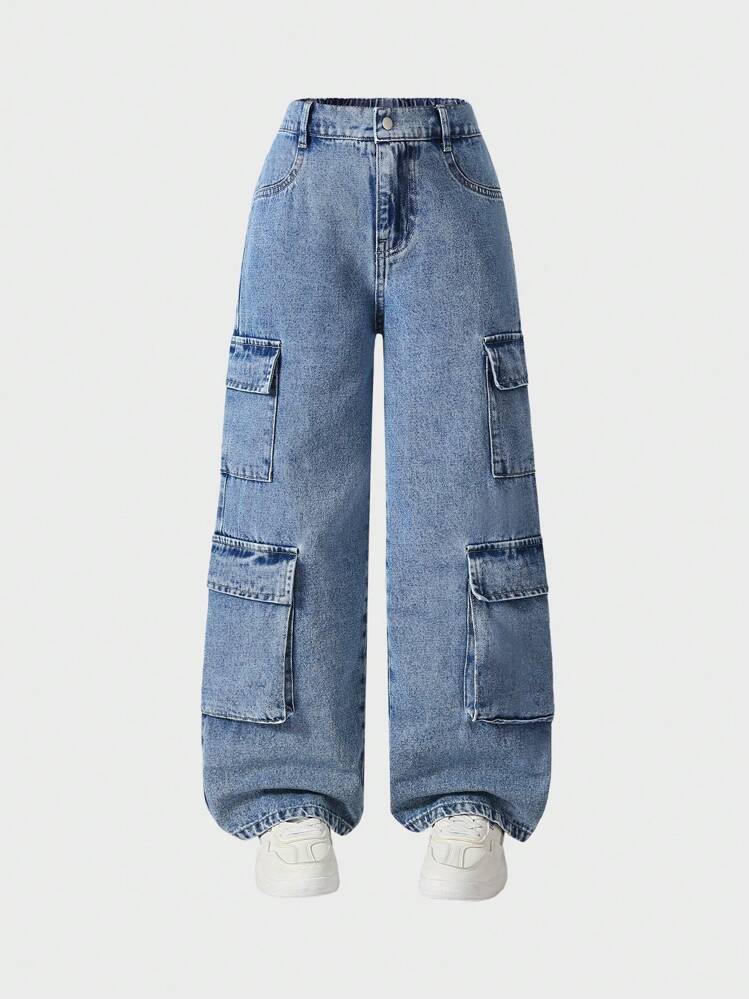 Coolqubz Tween Boys Light Blue Baggy Cargo Jeans,Autumn Streetwear
