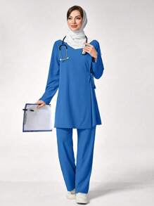 TaskEZ Solid Color Long Sleeve Top And Pants Scrub Uniform Set - Royal Blue - View 6