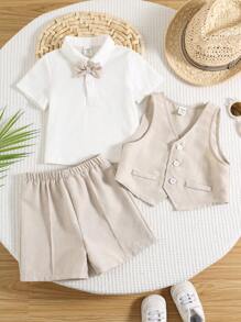 SHEIN 3pcs/Set Baby Boy/Girl Gentleman Suit: White Short Sleeve Shirt T-Shirt, Vest, Shorts/Pants. Gentlemanly Outfit Suitable For Spring/Summer Wear, Home, Outing, Birthday Party, Baptism, 1st Birthday, Ceremony, Wedding Guest, Pageboy, Ring Bearer - Apricot - View 5