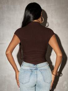 SHEIN SXY Elegant Romantic Solid Color Asymmetric Hem Short Sleeve Knit T-Shirt, Summer