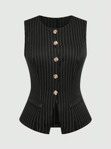 Sweetra Conjunto de traje de talla grande con chaleco de impresión de rayas blancas y negras de un solo botonadura y pantalones plisados de pierna ancha