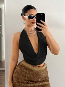 SHEIN ICON Áo ba lỗ hở lưng buộc cổ không tay hở vai gợi cảm cho đêm giao thừa - màu đen - Xem 6