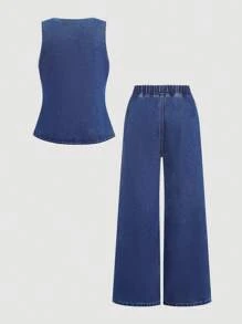 Nova Glow Ensemble 2 pièces pour préadolescentes printemps été mode de rue décontractée : Top sans manches col V uni et pantalon ample droit en jean, Shorts pour plage bohème d'été, tenues décontractées pour festival d'été, tenues d'été pour brunch ou remise de diplôme pour filles