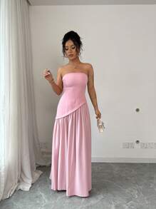 Selianne Women's Elegant Casual Solid Color Slash Shoulder A-Line Maxi Dress With Back Strap, Suitable For Afternoon Tea, Spring/Summer - Pink - View 4