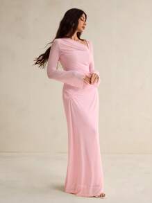 SHEIN Tall Đầm cổ lệch màu thanh lịch, mùa thu - Hồng - Xem 4