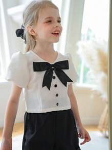 SHEIN Cardigan de cuello en V de manga abullonada y cintura alta de color albaricoque con gran moño y botones negros decorativos, blusa de manga corta de moda para niñas