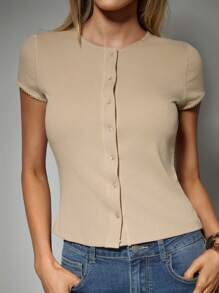 Forever 21 女式简约纯色纽扣短袖衬衫，夏季 - 卡其色 - 查看 6